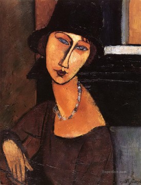  1917 Oil Painting - jeanne hebuterne with hat and necklace 1917 Amedeo Modigliani